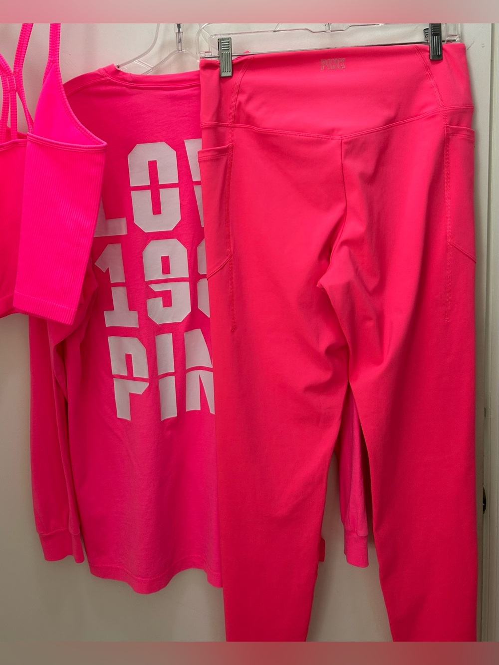 Pink Victoria Secret NEW Hot Pink Active Leggings, NEW BeBe Bra and T Shirt Set
